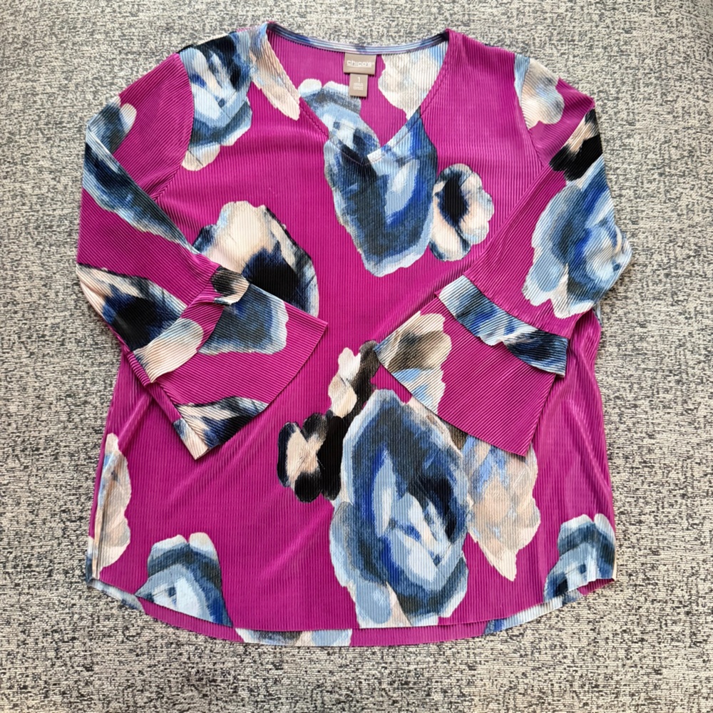 Chico's Spring Summer Magenta Pink Floral Pleated Blouse Kitschy Girly Top‎ 1 M